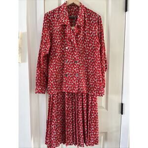 Vintage Jaeger Great Britain Sz10 Blouse and Pleated Skirt Set Red Tulips